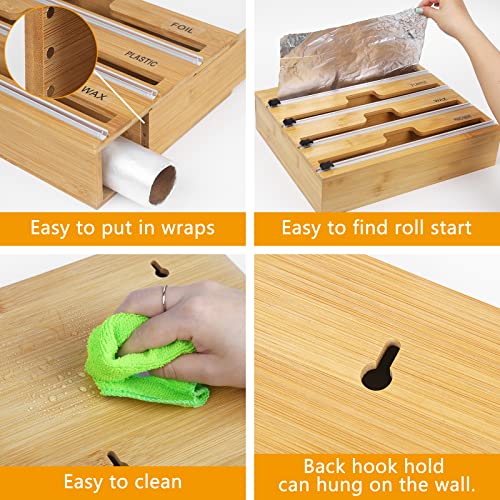 Moomarto 4 In 1 Foil And Plastic Wrap Organizer, Bamboo Dispenser With Cutter Labels, Aluminum Foil, Wax Paper, Parchment Paper Organization Storage Holder For Kitchen Drawer Compatible With 12" Roll #TOP4