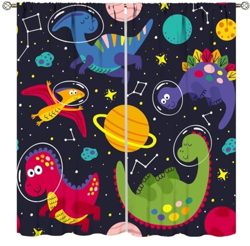 Kids Dino Outer Space Curtains,Cute Cartoon Dinosaur Starry Star Curtains Boys Girls Bedroom Living Room Study Room Baby Room Rod Pocket Window Drapes 2 Panel Set,Total Size 42