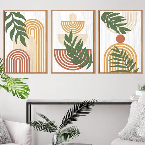 CHDITB 3PCS Green Sage Boho Poster Set,Botanical Framed Wooden Wall Decor,3D Boho Abstract Geometric Line Wall Art,Mid Century Nature Plants Decoration for Living Room Bedroom Office (30x40cm) - Image 2