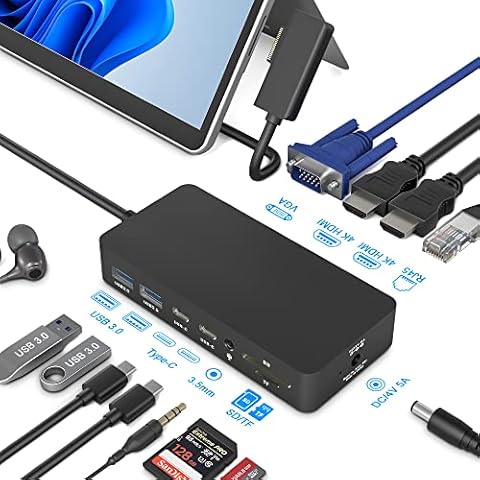Surface Dock, Surface Pro Docking Station, 12 in 1 Triple Display Microsoft Surface Dock with 2 HDMI 4K +VGA for Surface Pro 9/8/X/7/6/5/4/3, Surface Laptop 5/go/4/3/2/1, Surface Book 3/2,Surface Book Cover
