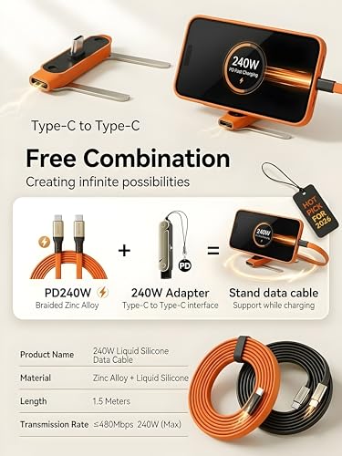 Image of 2 in1 240W USB C to USB C Fast Charging Cable with Adjustable & Detachable Phone Stand, Multi-Angle Type C Charger Cord for Smartphones, Tablets & Laptops, High-Speed Data Transfer Charging Cable