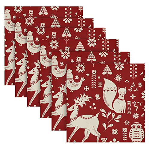 Christmas Deer Fox Folk Red Napkins Set Of 6 Scandinavian Inspired Motifs Cloth Dinner Napkins For Dining Table Holiday Seasonal Party Decor Washable Rustic 20X20 Inches #TOP6