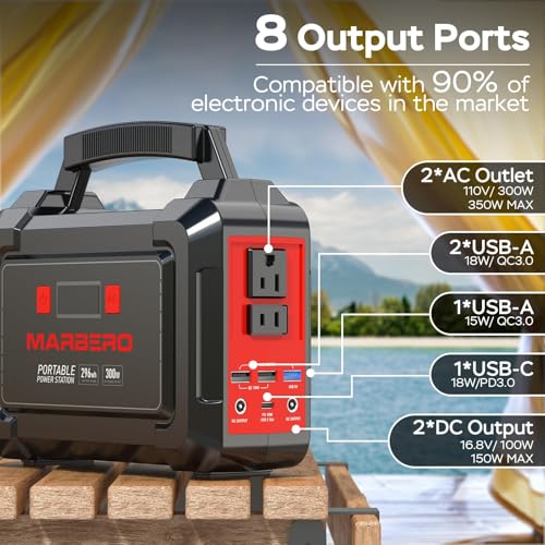 Image of MARBERO Portable Power Station 350W Peak Camping Solar Generator Laptop Charger 296Wh Power Bank with AC Outlet 110V with Multi-Output LED Flashlights for CPAP Home Camping Hurricane Emergency