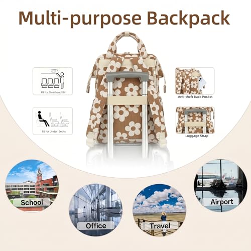 Image of Corduroy Laptop Backpack for Women 15.6 Inch Stylish College School Bookbag, Business Work & Travel Computer Backpacks (Large Floral Brown)