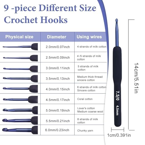 Image of VIRADHAM Crochet Hooks Set of 9 - Aluminum Crochet Needles with Soft Rubber Handles And Stitch Markers - Ergonomic Kit for Arthritic Hands - Comfortable Grip Yarn Craft Tools for All Skill Levels (Crochet hook black needal)