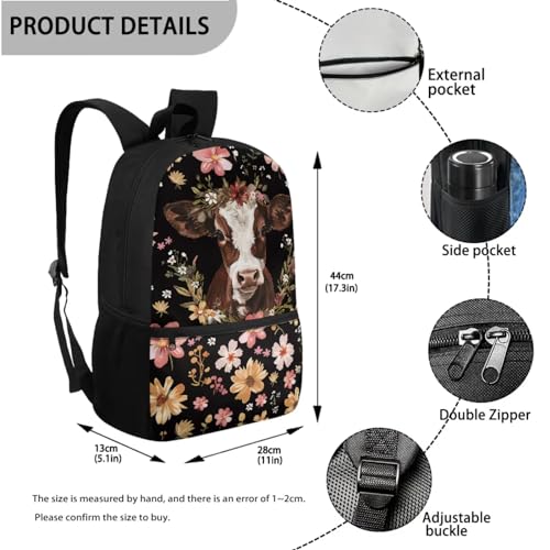 Vintage Floral Cow Print Kids Backpack Set with Lunch Box Pencil Case, 3 PCS Lightweight Schookbag for Girls Boys, Waterproof Elementary Student Bookbag for Kindergarten or Daycare2