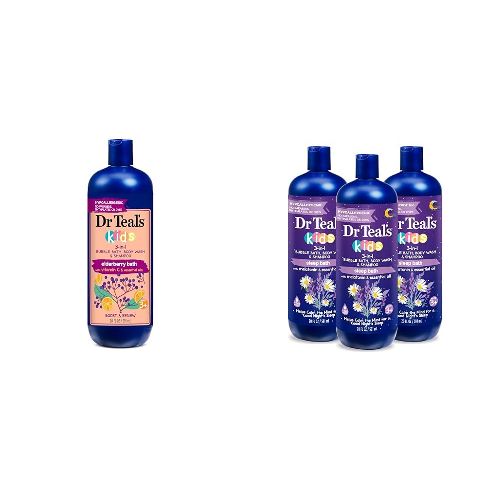 Dr Teal's Kids 3-in-1 Elderberry Bath: Bubble Bath, Body Wash & Shampoo, 20 fl oz. & Kids 3-in-1 Sleep Bath: Bubble Bath, Body Wash & Shampoo with Melatonin & Essential Oil, 20 fl oz (Pack of 3)