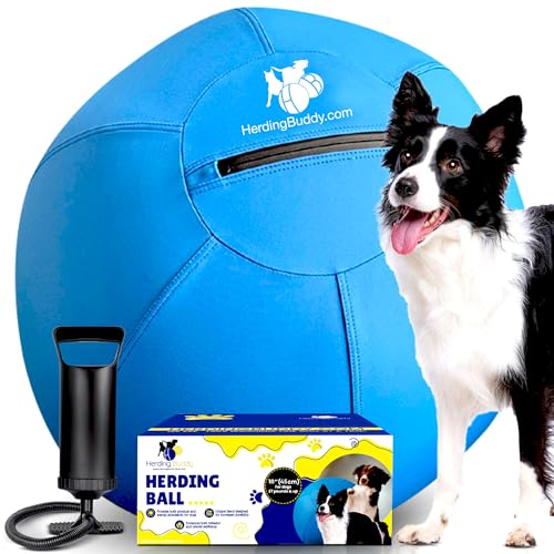 Herding Ball for Dogs - 18” Cover for Corgi, Collie, Cattle & All Herding Dogs Under 27 Pounds - Heavy Duty Dual Layered Cover - Thick Anti-Burst Inner Ball - High Flow Foot Pump
