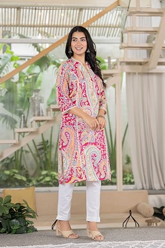 Image of Women's Cotton Straight Kurti with Geometric Print, 3 /4 Sleeves, Lace Trim Detail, Regular Fit, Casual Wear