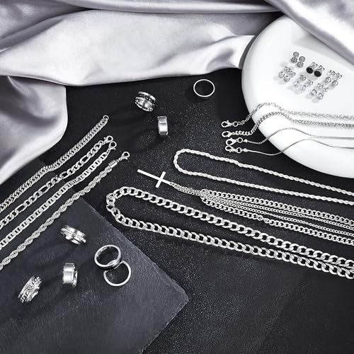 33 Pcs Silver Jewelry Set for Men Stainless Steel Band Ring Stud Hoop Earrings Cuban Link Necklace Bracelet Mens Jewelry Set2