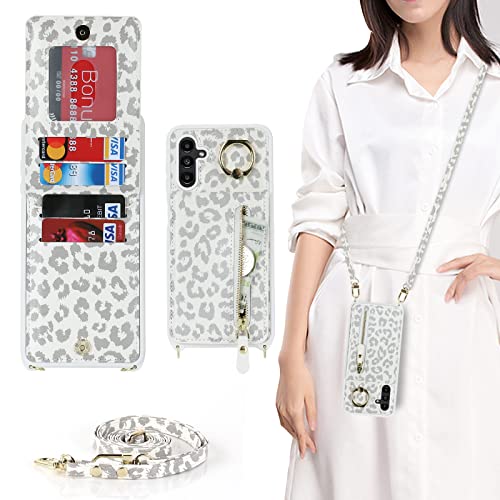 DEYHU Samsung Galaxy A13 5G/4G Case with Card Holder for Women, Galaxy A13 5G/4G Phone Case Wallet with Strap Credit Card Slots Crossbody with Zipper Shockproof Case for A13 5G/4G - White Leopard