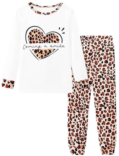 Mikrdoo Girls Pajamas Set Little Kids Cute Soft Color-Blocking Crew Neck Long Sleeve 2 Piece Snug-Fit Pjs Fashion White Heart Leopard Sleepwear Size 5
