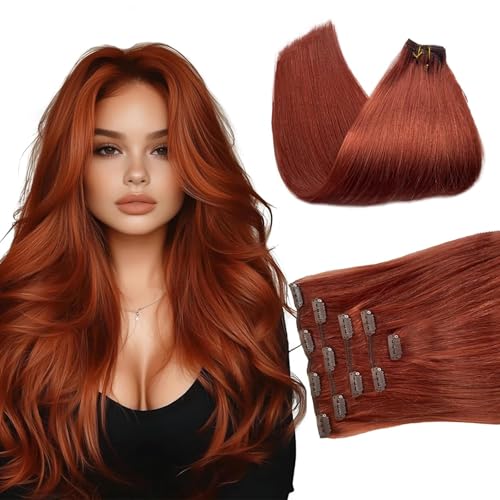 Image of Auburn Clip in Hair Extensions Real Human Hair Straight Seamless Invisible 5 Pcs 70G Double Weft Silky Human Hair Clip ins Extension for Women #135 16 Inch