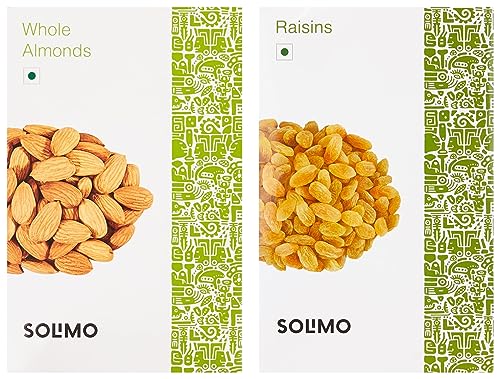 Image of Amazon Brand - Solimo Premium Almonds, 500g + Amazon Brand - Solimo Premium Raisins, 500 g