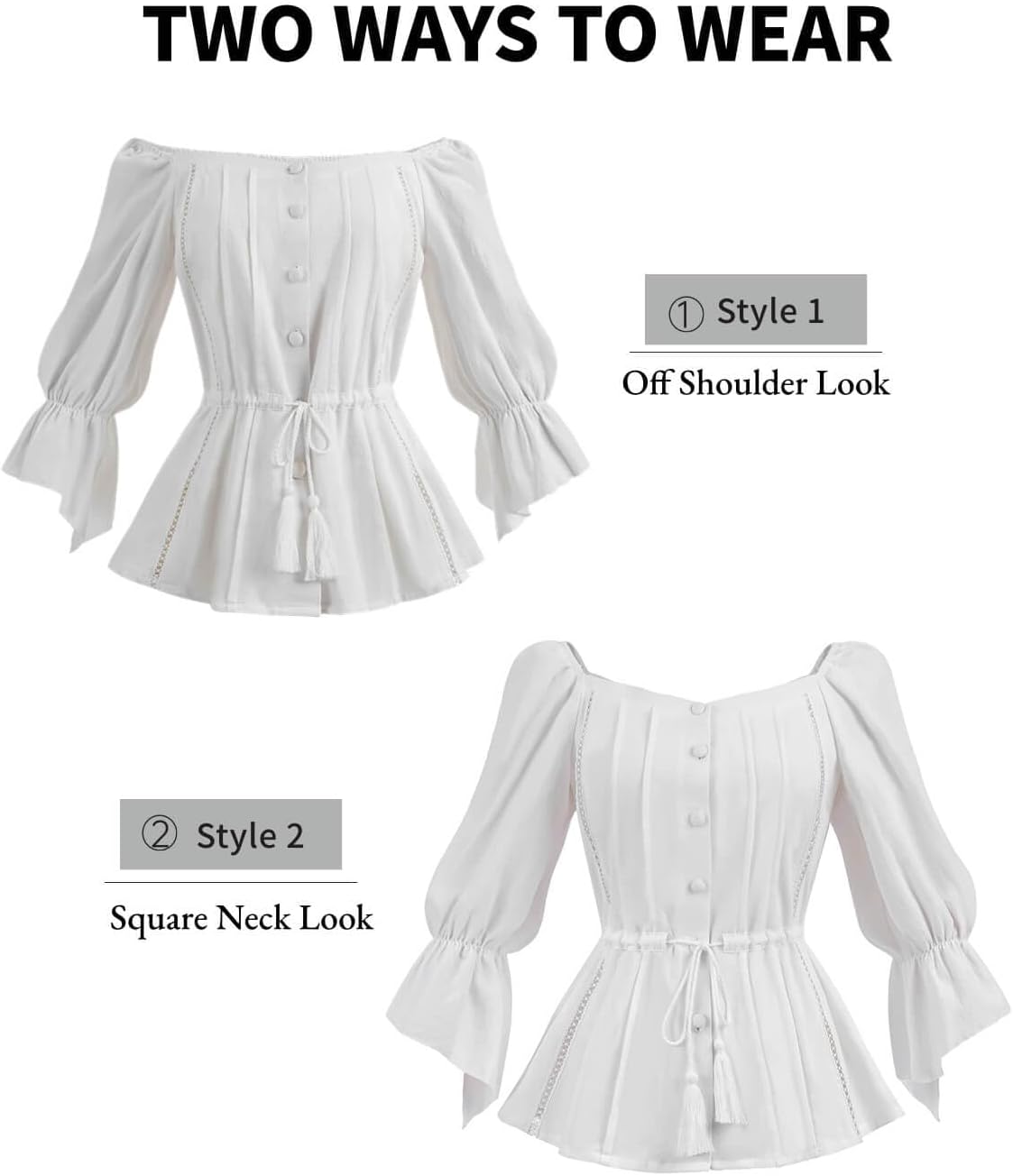 Nuoqi Renaissance Shirt Women Off Shoulder Victorian Blouse Trumpet Sleeve Pirate Top - Image 5