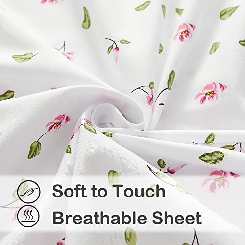 Image of Mooreeke Full Sheets Set - 4 Pieces Soft Breathable Microfiber Bed Sheet Set - Pink Flower Green Leaf Pattern Sheet Set - Deep Pocket Non-Slip Floral Printed Fitted Sheet Included for All Season