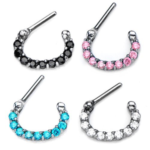 Septum Clicker 10 Gem Cubic Zirconia 10x8 16g 316l Surgical Steel Septum Clicker Nose Ring Hoop Colored Cz Ring 16g (PINK)