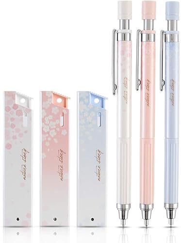 Cherry - Juego de lápices mecánicos con plomo, 3 lápices mecánicos de 0.020 in con 3 unidades de minas HB para escribir borradores, dibujos,
