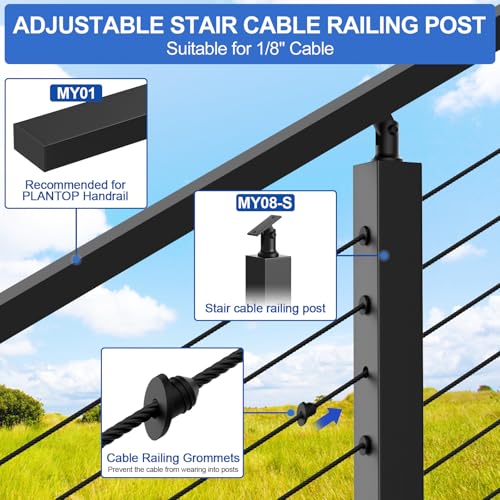 Image of 12-20FT Swageless Black Cable Railing Post Kit for Stairs, 36 inch Stainless Steel 25-35 Degrees Adjustable Top Swageless Stair Cable Railing Kit with 4 Posts & 300FT 1 /8 inch Cable for Easy DIY