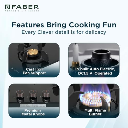 Image of Faber 3 Burner 70cm Hobtop|Auto-Ignition|Metal Knobs|Cast Iron Pan Support |Hob /Cooktop Hybrid| Black Glass Finish|5Yr Warranty on Glass,Valve & 2Yr on Burner by Faber|HOB PRIME HT703 CRS BR CI AI IN