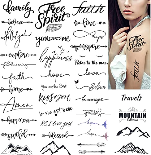 Dopetattoo 36 Designs Temporary Tattoos Faith Words Hope Love Happiness Letters Believe Fake Tattoos For Women Girls Men Adults #TOP15
