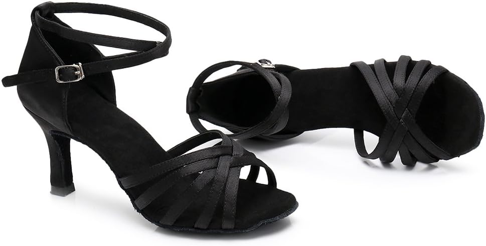 [HIPPOSEUS] 女子ハイヒールラテンダンスシューズ黒サテン社交ダンス練習靴,24 cm