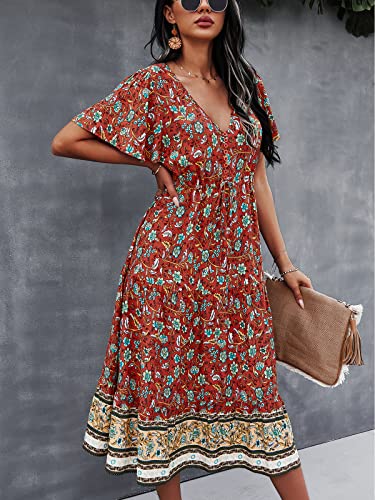 Image of TEMOFON Women Dress Summer Sleeveless Bohemian: Floral V Neck Button Down Flowy Boho Dresses S-XL