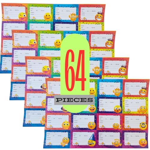 Image of Name Stickers for Notebooks & Books - Pack of 64 Durable Labels | School Stationery Essentials | Name Slips & Book Labels (Smiley)