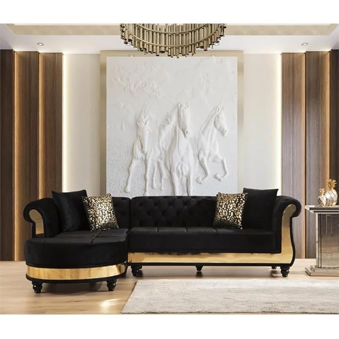 Image of Modern Classic L Shape Sectional Sofa Set, Chesterfield Style 4 Seater Sofa Set with Pillows for Living Room, Bedroom and Office, Office, and Hallway Colour (Black Gold)