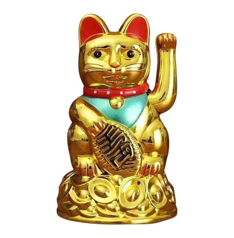 RMCG Traders Feng Shui Maneki Neko Lucky Cat – Hand-Waving Wealth Cat Sitting on Money Ingots for Good Luck, Health, Prosperity & Happiness | Vastu Showpiece for Home & Office