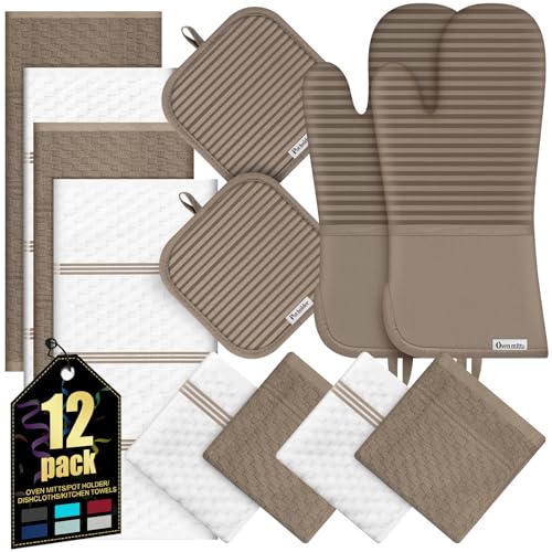 Oven Mitts Kitchen Towels and Dishcloths with Pot Holders Sets, Oven Gloves Hot Pads 500°F Heat Resistant with Silicone Grip, Include 2 Cooking Gloves/2 Potholders/4 Kitchen Towels/4 Dish Towels