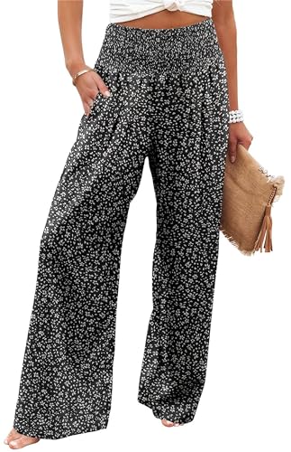 Womens Casual Loose Fit Palazzo Pants Elastic High Waist Lounge Long Pajama Wide Leg Trousers with Pocket