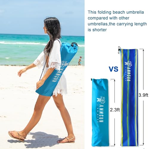 AMMSUN 6.5ft twice folded Portable travel beach umbrella with sand anchor windproof,Push Button Tilt and Air vent UV 50+ Protection Fits in a large Suitcase for Patio Garden Beach  image 6