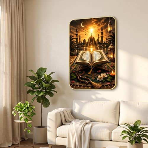 Image of SAF Islamic Quran Mosque Wall Painting with Premium PVC Golden Frame, Sunrise Lantern Prayer Beads Art, Muslim Religious Home Decor for Prayer Room Living Room (13x19 Inch) MG-36048