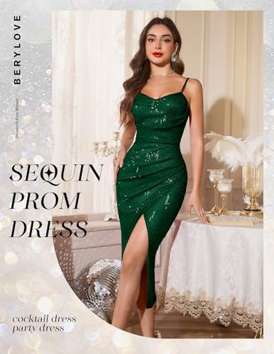Image of BeryLove Summer Sequin Cocktail Prom Wedding Guest Dresses Sparkly Party Evening Formal Spaghetti Strap Dress