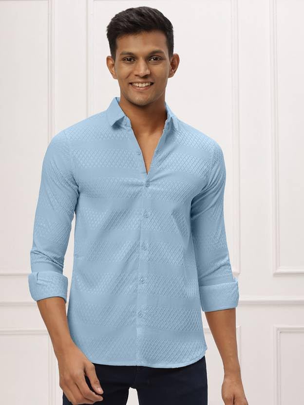 Image of Men's Polycotton Casual Textured Button Down Regular Fit Shirts Long Sleeve Shirt