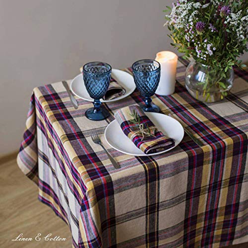 Linen & Cotton Tablecloth CURTIS, 100% Stonewashed Linen (Yellow/Bordeaux Red/Blue), 130 x 130 cm (52'' x 52'') - Image 2