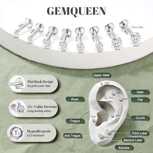 GEMQUEEN 4 Pairs G23 Titanium Flat Back Earrings Hypoallergenic 18G by GEMQUEEN - Image 2