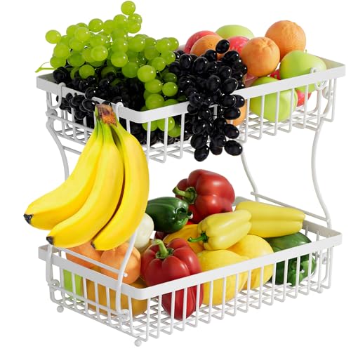 Nbwxcwbs Fruit Basket,2-Tier Fruit Bowl with Banana Hanger,Kitchen Storage Countertop Rack,Fruit Metal Bowls Perfect for Holding Fruit,Vegetables,Snacks(White)