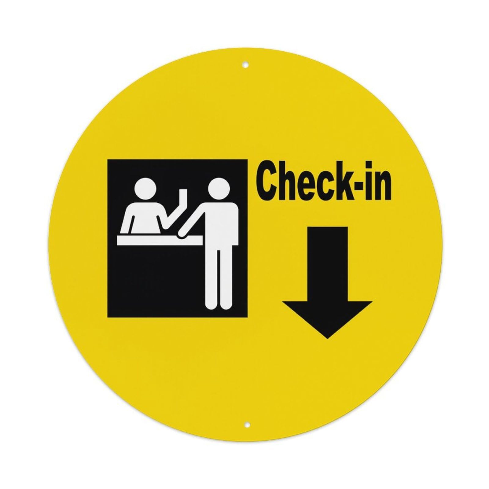 Check In Sign Arrow Yellow Round Tin Sign Vintage Metal Poster, Home Bar Garage Man Cave Cafe Indoor & Outdoor Wall Decoration 8x8Inches