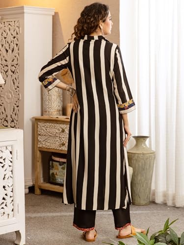 Image of INDO ERA Women's Viscose Rayon Striped Printed Straight Calf Length Kurta & Palazzo Set (IEOUT12413)