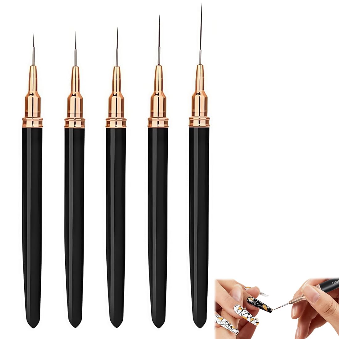 5 Pezzi Pennelli Per Unghie,Pennello Sottile Nail Art Pennelli Set,Pennelli Per Nail Art,Per Disegnare Linee Fini Attrezzo(Nero,7/9/11/15/25 Mm)