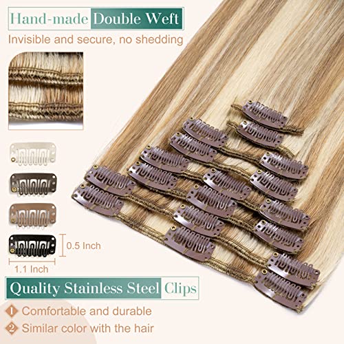 Image of Benehair Clip In Hair Extensions Real Human Seamless Light on Weft 8pcs 16inch Remy Silky Straight Natural Ombre Brown Mixed Bleach Blonde 2.2928 Ounce