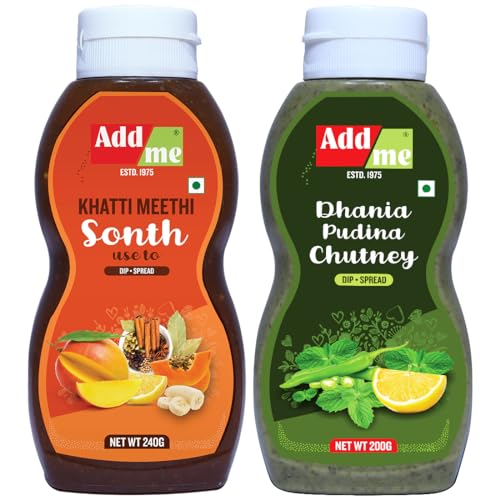Image of Add me Khatti Meethi Sonth Chutney 240gm + Dhania Pudina Chutney 200gm (Pack of 2) | Natural & Flavorful Sauce | Coriander Pudina Sauce & imli Ki Chutneys 440 grams Total