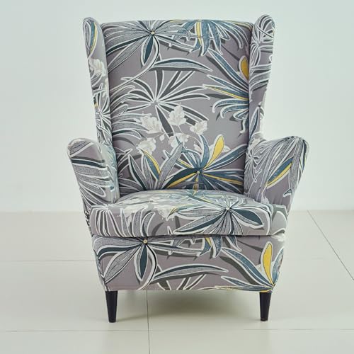 Image of HOKIPO Polyester Blend 140 GSM Stretchable Wing Chair Cover, Frost Grey Marginata (AR-5135-D7)