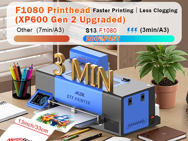 Image of MZK A3 Pro F1080 DTF Printer (XP600 Gen2),Automatic Time Cleaning Maintain+Ink Anti-Clog Filter,2X-Speed Compared to L1800,5 inch Rotatable Touch Screen,Dual Ink Level Alert+Film Cutter,Gift Ink 2 Years
