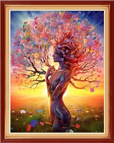 Image of Redxing Stamped Cross Stitch Kits Full Range of Embroidery Starter Kits- Needlepoint Counted Cross Stitch Kits for Beginner Adults 11CT Printed Embroidery Kit-Girl Colorful Tree 16x20 inch