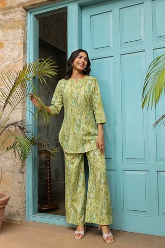 Image of GRECIILOOKS Co-ord Set for Women Stylish | Kurtis | Anarkali Viscose Printed Kurta & Straight Pant Sets | Festive Ethnic Indian Traditional Outfit for Functions & Puja | 3 /4 Half Sleeve