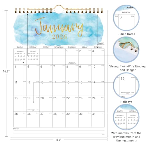 2026 wall calendar - hanging wall calendar 2026 from january 2026 - december 2026 11434 x 14634 twin-wire binding large blocks with julian dates perfect for planning