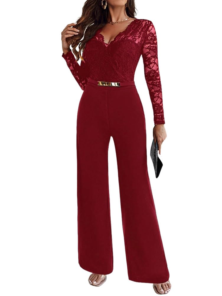 shownicer Combinaison Femme Chic Et Elegant Manches Longues Col V Jumpsuit Élégante Combinaison Pour Soirée Ensemble Pantalon